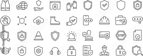 Defense web 36 icons in line style. Security, protection, key, password, code, safe, collection. Editable stroke.