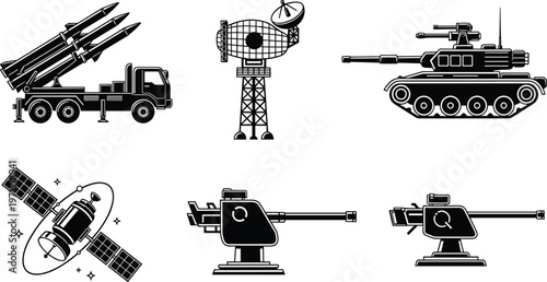 Modern Military Defense System Icon Set Featuring Missile Launcher Truck Radar Tower Heavy Battle Tank Orbital Satellite and Defensive Cannon Turrets