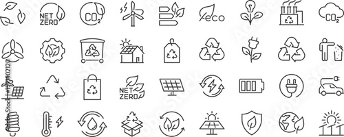 Ecology and Energy web 36 icons in line style. Nature green, electric car, organic, renewable energy, green technology, environmental energy collection. Editable stroke.