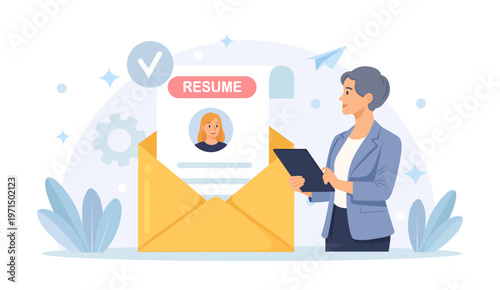 HR manager reviews candidate resume and conducts talent check. Hiring and human resources concept. Business woman evaluates candidates to vacancy. Vector flat illustration