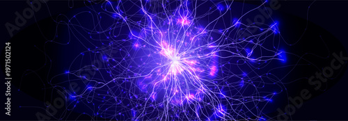 Neuron Firing Human Brain Neural Network Innovate Science Technology Background. Medical Neurology Bio Tech Scientific Research Banner Flash Glow Fractal. Blue AI Digital Net. Vector Illustration