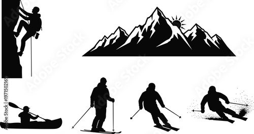 Outdoor adventure sports silhouettes set with mountain climbing skiing and kayaking isolated on white background extreme winter activity vector illustration.