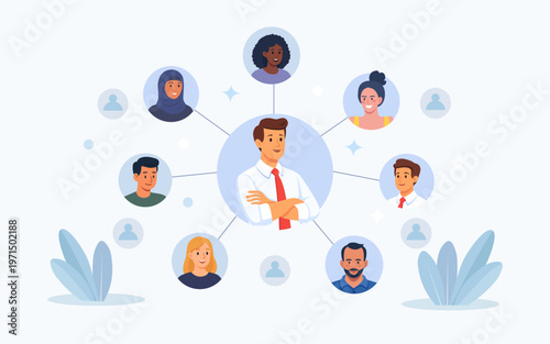 Business networking concept. Diverse professionals connected in network. Professional relationships and corporate connections. Successful leader contacting with partners, businessman unites employees