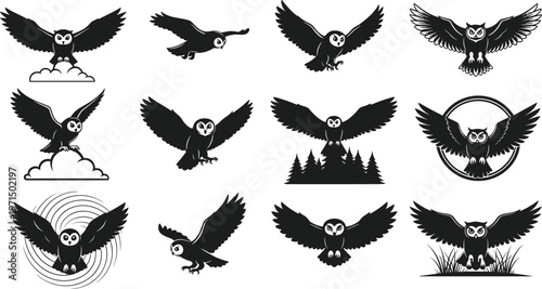 Owl silhouette icon collection with flying nocturnal bird wildlife mysterious artwork, black vector template set