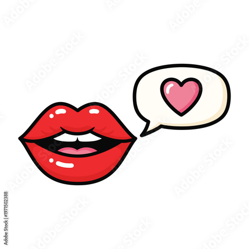 Pop art illustration of red glossy lips with a speech bubble containing a pink heart icon