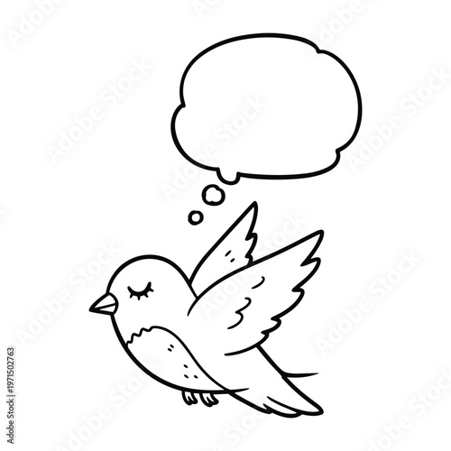 Hand drawn line art illustration of a cute cartoon bird flying with a thought bubble above its head.