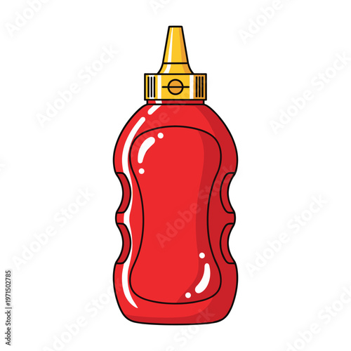A colorful illustration of a red squeeze bottle with a yellow nozzle cap on white background.