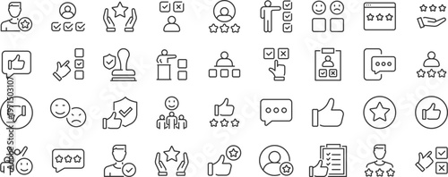 Review web 36 icons in line style. Feedback, user, testimonials, comment, like, survey, rating. Editable stroke.