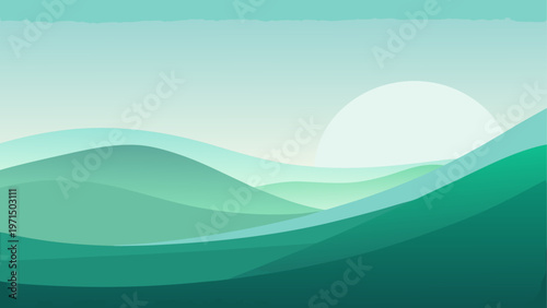 A green landscape with hills and a sun