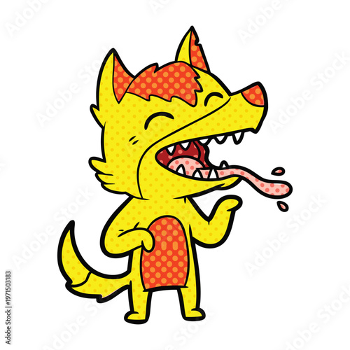 A cartoon illustration of a laughing yellow wolf with its tongue hanging out in a comic book style.