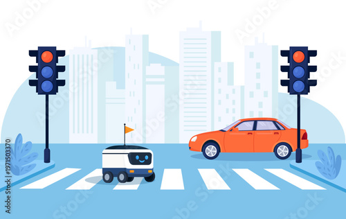 Future of delivery concept. Cute robot drives through the streets of the city and avoids obstacles. Food delivery robot, autonomous courier carrying a parcel, shipment and robotics.