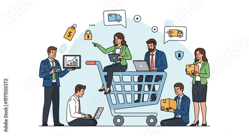 E-commerce, online shopping, business team, marketing strategy, digital commerce, shopping cart, vector icons