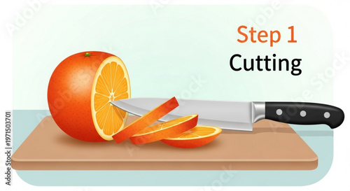 Step one cutting fresh orange with sharp kitchen knife on wooden cutting board in instructional food preparation guide for home cooking enthusiasts