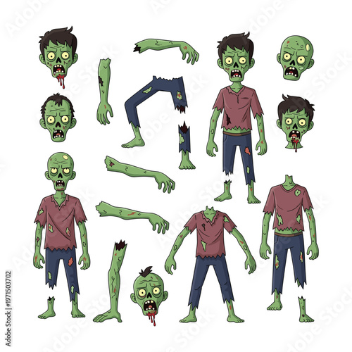 Collection of various cartoon zombie body parts and characters for character creation