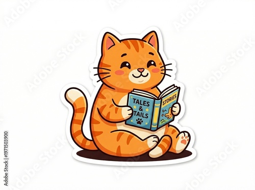 Relaxed cartoon cat reading a book. Great sticker for book lovers and pet themes.