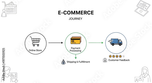 E-commerce journey, payment processing, shopping to delivery, customer feedback flow