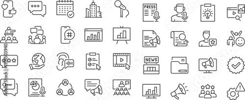 Public Relations web 36 icons in line style. Social media, interview, reputation, press, feedback, planning, news, collection. Editable stroke.