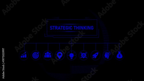 Blue strategic thinking text with silhouetted human figures and on dark background