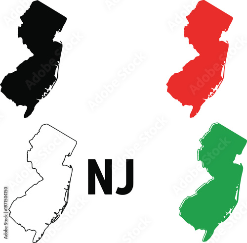 New jersey state map in various design styles and colors Vector