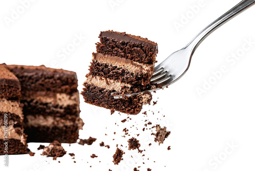 Slice of rich layered chocolate cake on a fork