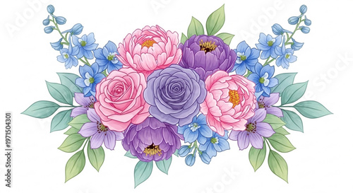 Beautiful floral bouquet arrangement featuring pink peonies purple roses and blue delphinium flowers with green foliage isolated on a white background