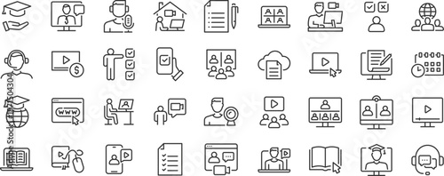 Online Training web 36 icons in line style. Education, seminar, online test, webinar, course, distance learning collection. Editable stroke.
