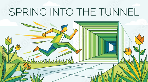 Springtime Optimism Man Runs Into Future Tunnel