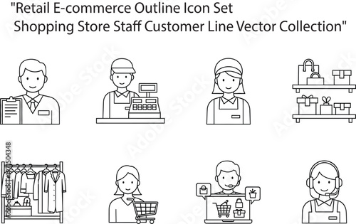 Retail ecommerce outline icon set shopping store staff customer line vector collection