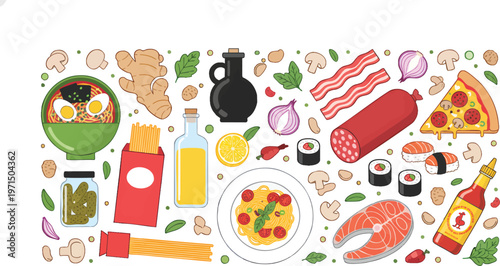 Collection of Global Food Ingredients Flat Vector Illustration