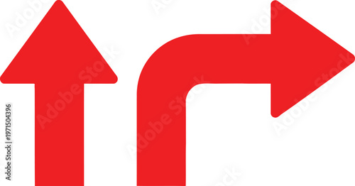 Red directional arrows indicating upward movement and right turn with slight curve Vector
