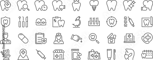 Dentistry web 36 icon set in line style. Dentist, dental, dental treatment, prosthetics, teeth whitening, implant, braces, collection. Editable stroke.