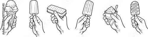 set of ice cream icons in various shapes and flavors in different human hands in line art style, icons for menus, posters or social networks