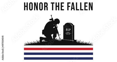 Soldier Kneeling at Gravestone with RIP Memorial Respectful Tribute Silhouette Minimalist Style