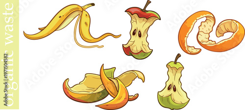 set of thematic icons on the topic of organic waste, namely fruit trimmings, for printing, social networks or other types of design solutions