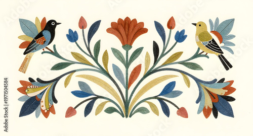 watercolor botanical illustration of stylized flower with symmetrical leaves and foliage isolated on white background design, artistic watercolor floral composition with balanced symmetry and soft col