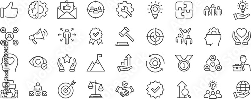 Core Values web 36 icon set in line style. Innovation, integrity, customers, accountability, teamwork, goals, motivation collection. Editable stroke.