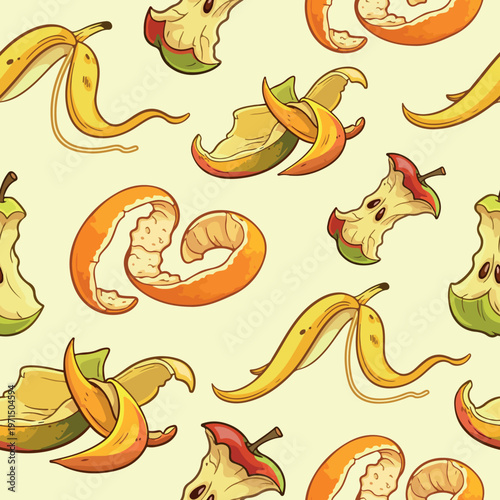 seamless pattern with organic waste, namely with cut pieces of fruit on a light background, for printing, social networks or other types of design solutions