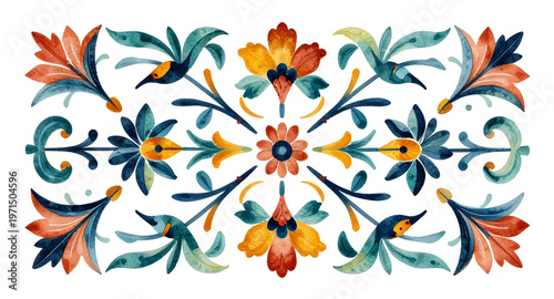 watercolor botanical illustration of stylized flower with symmetrical leaves and foliage isolated on white background design, artistic watercolor floral composition with balanced symmetry and soft col