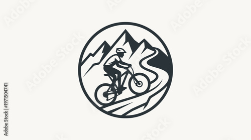 Mountain Biker Riding Down Trail in Circular Emblem