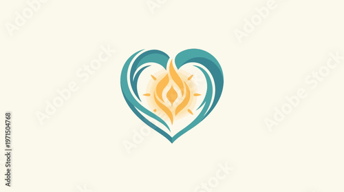 Abstract Heart Logo with Flame and Waves