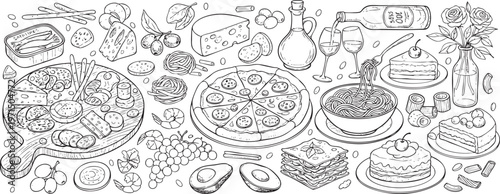 Italian Cuisine Food and Wine Sketch Set