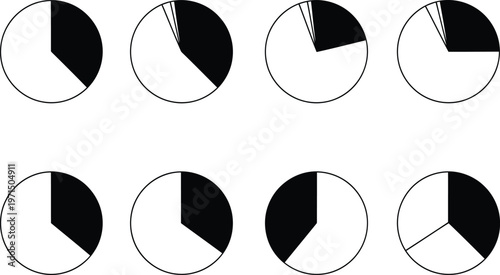 Eight pie charts showing different proportions of black and white segments Vector
