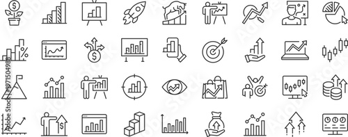 Growth web 36 icons in line style. Target, graph, investment, performance, profit, collection. Editable stroke.