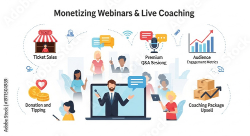 Business infographic illustration for monetizing webinars and live coaching featuring ticket sales donation tipping and audience engagement metrics