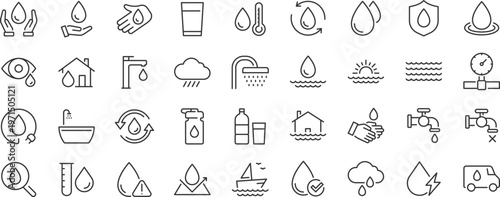 Water web 36 icons in line style. Waterproof, bottle, tap, h2o, rain, shower. Editable stroke.