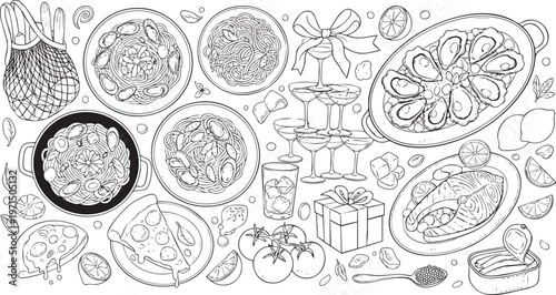 Hand-Drawn Italian Seafood Dinner and Celebration Line Art Vector