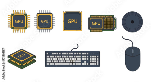 Computer hardware icons, GPU, keyboard, mouse, vector graphics