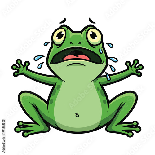 A scared green cartoon frog with wide eyes and sweat drops on a white background.