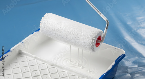white paint roller dripping into tray | home renovation interior wall painting | professional house painting equipment | DIY home improvement painting project