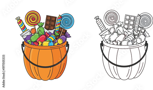 Halloween Pumpkin Candy Bucket with Assorted Sweets Lollipops and Chocolate Illustration Set for Kids Coloring Page Activities Isolated on White Background